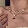 1pc Sparkling Red Heart Double Layer Necklace Elegant Princess Style Versatile Daily Wear Luxury Gift for Women
