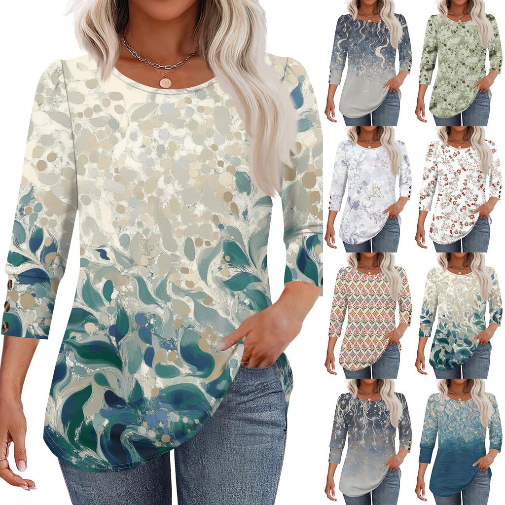 Womens Tops 3/4 Sleeve With Buttons Casual Blouses Summer Outfits Beach Vacation Clothes