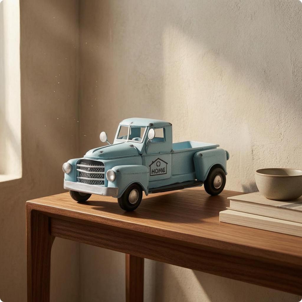 Pickup Truck Ornament Distressed Finish Metal Vehicle Model Handcrafted Yellow
