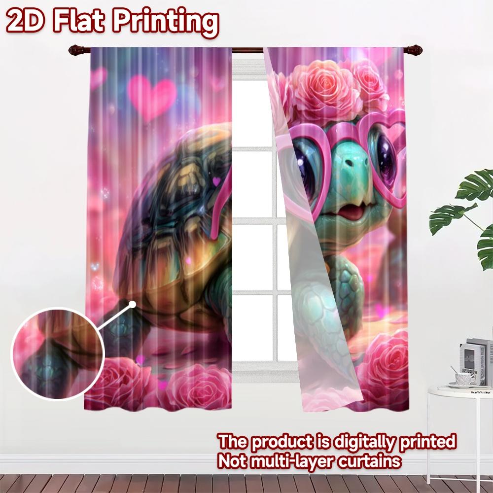 2D flat printing 2pcs Window Treatment Curtains Cute Turtle Heart Glasses Pink Roses Digital Printed Polyester Drapes Holiday