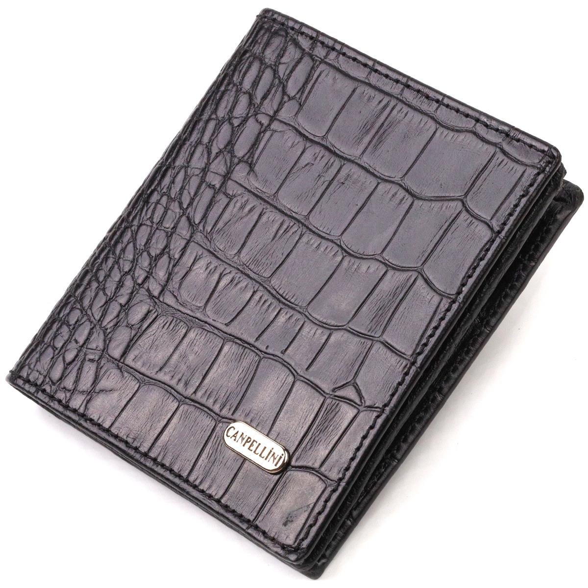 

Невеликий шкіряний портмоне для чоловіків з тисненням під крокодила CANPELLINI 21738 Чорний