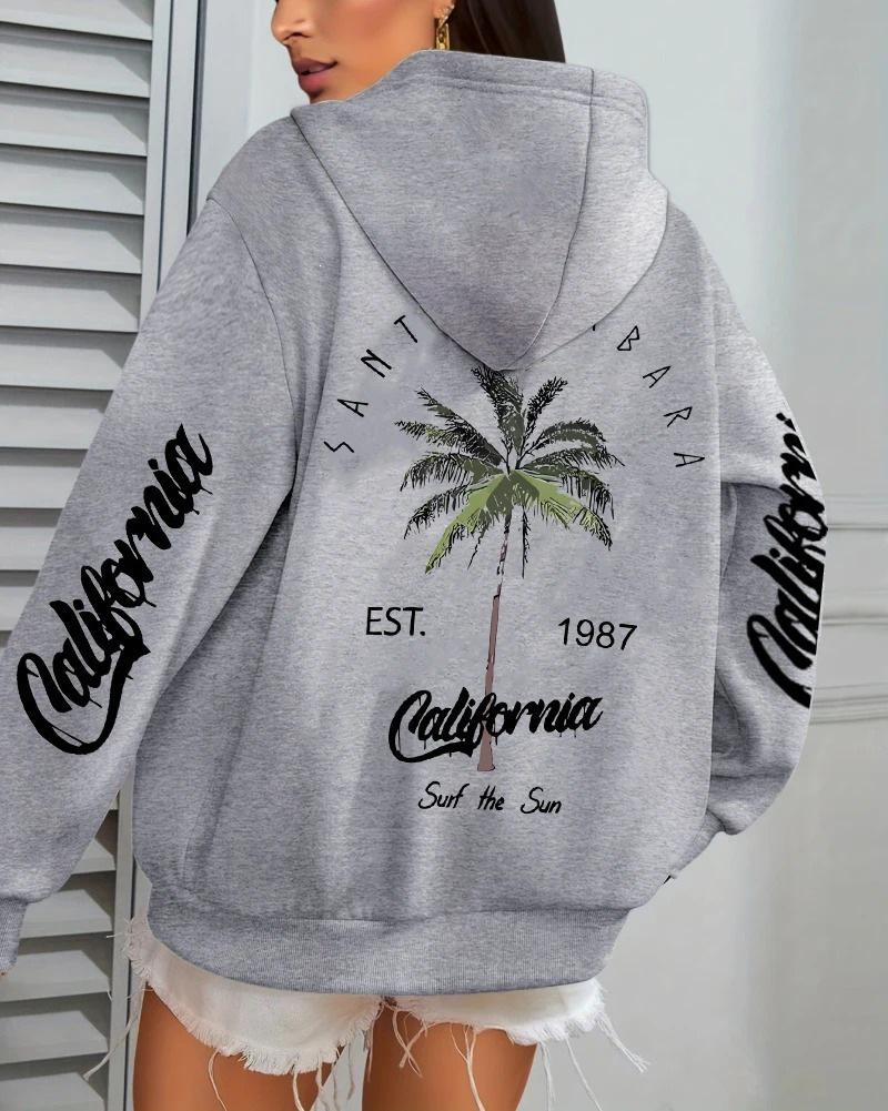 Women's Coconut Tree Print Casual Fleece Hoodie with Pockets