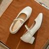 Leather square head shallow mouth high heels women's one-word buckle Mary Jane women's shoes with skirt spring and autumn French thick heel sing