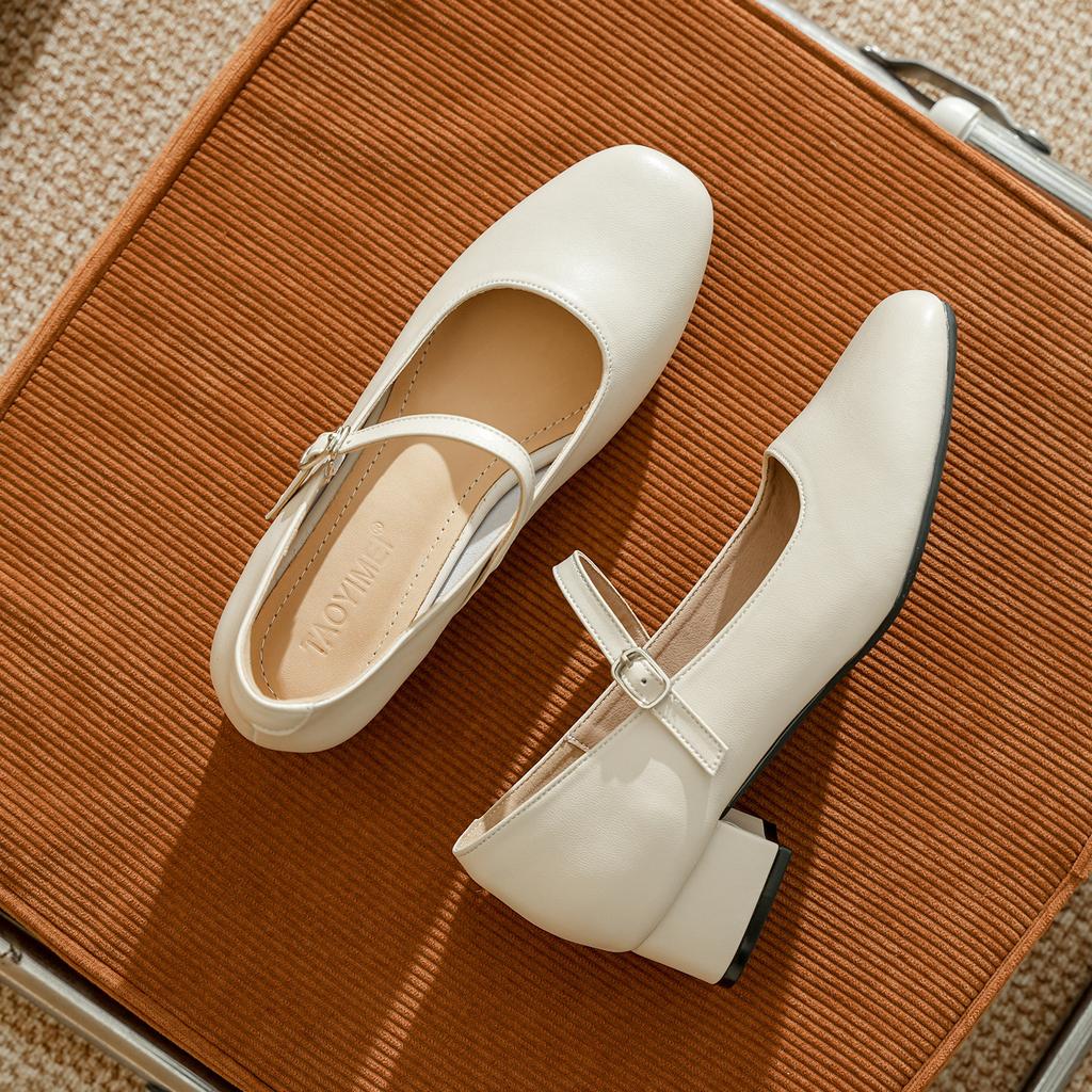 Leather square head shallow mouth high heels women's one-word buckle Mary Jane women's shoes with skirt spring and autumn French thick heel sing