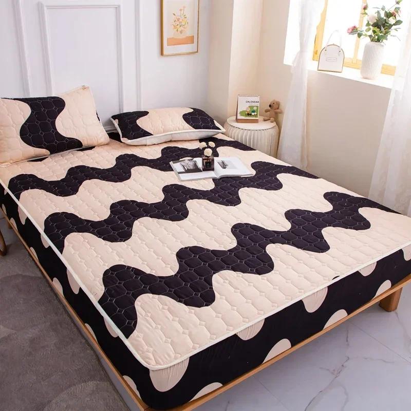 Thick Quilted Mattress Cover, Stitched Bed Linen, Printed Bedding, Large Non-Slip Bed Sheet, Dust Cover Without Pillowcase