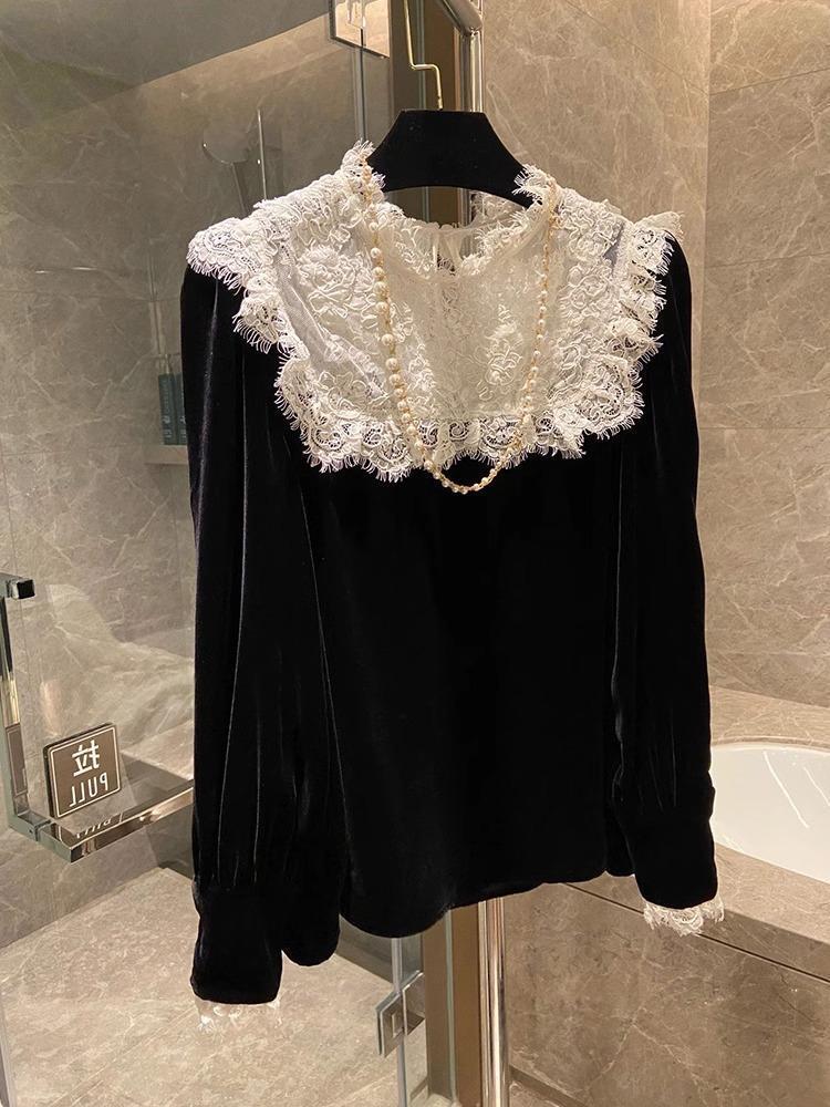 

Chic Plus Size Gold Velvet Lace Patchwork Top - Popular Spring/Autumn Style 2XL (recommended 150-200 jin)