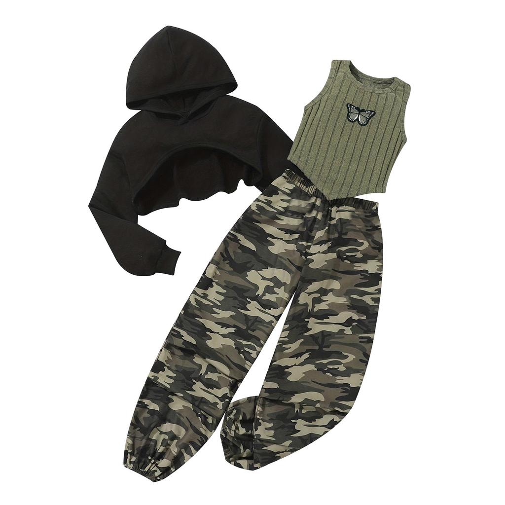 Mädchen 3-teiliges Langarm Cropped Hoodie Schmetterlingsstickerei Unregelmäßiger Saum Gestreiftes Tanktop Camouflage Jogginghose