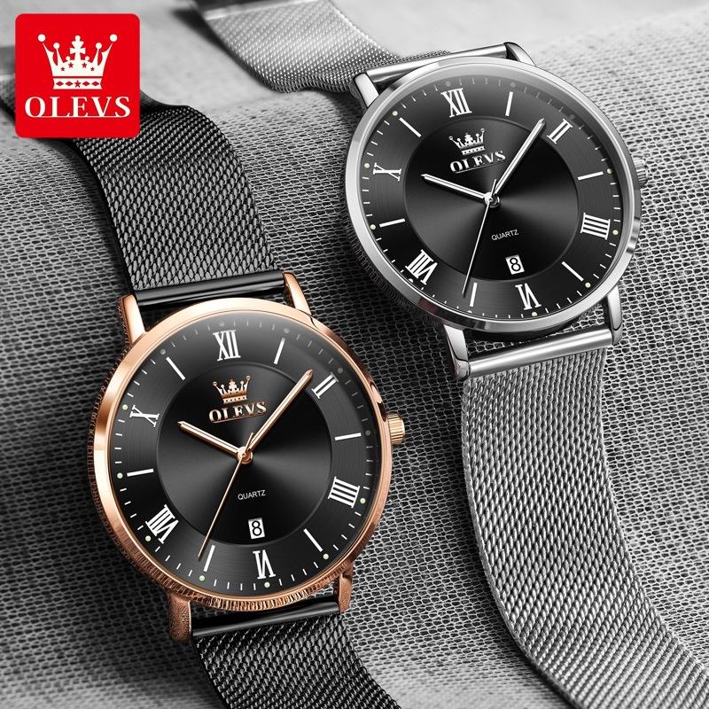 OLEVS Herrenuhr Minimalismus Ultradünne Original Quarz Armbanduhr Wasserdicht Leuchtend Mesh Armband Datum Uhr Geschenke