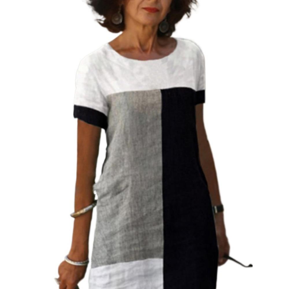 GMXIA Women's Fashion Summer Spring Colour Block Print Short Sleeve O-Neck Casual Dresses