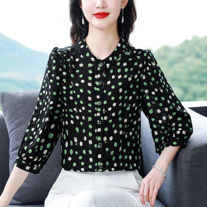 M-4XL Print Chiffon Shirt Women's Top Spring Autumn New Fashion Age Reducing Temperament 3/4 Sleeve Bottoming Blouse