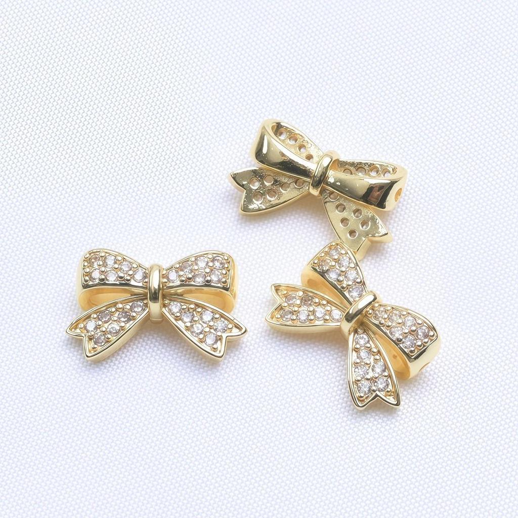 14K Gold Plated Zircon Spacer Beads, Bow Tie, Through Hole, Loose Beads for DIY Handmade Bracelets