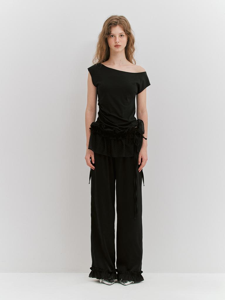 MEENDERI Ruffle Shirring Wide Pants - Black