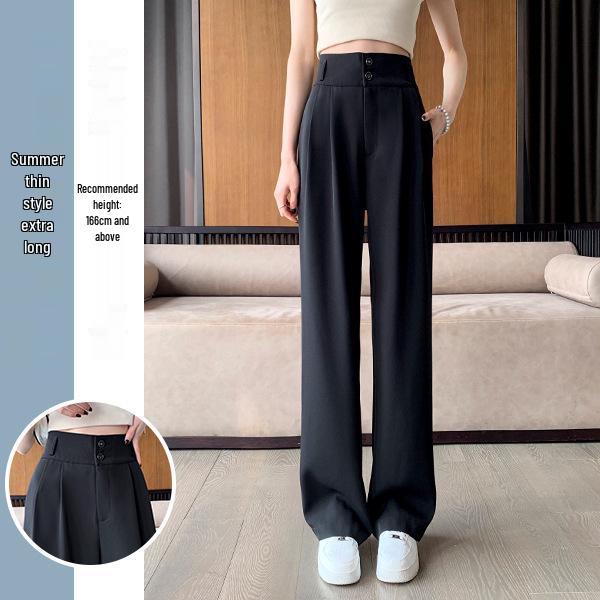 Pantaloni negri cu talie înaltă și picior larg pentru femei 2025: Subțiere, Drapat, Casual, Stil de primăvară/toamnă