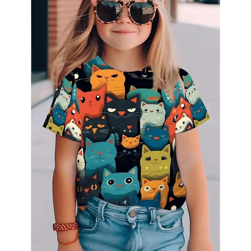 Buntes Katzenmädchen T-Shirt Niedliche Muster Sommer Kurzarm 3D Druck Mädchen Oberteil Mode Lässig Streetwear Kinderkleidung