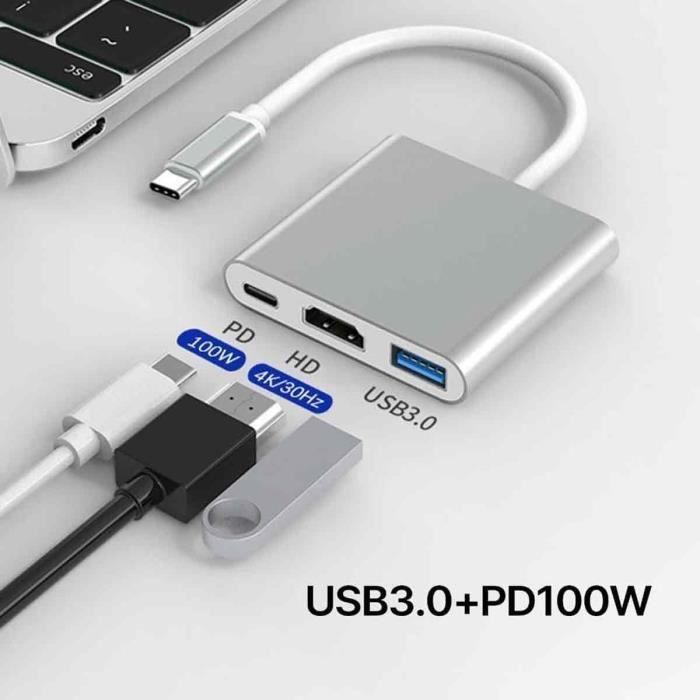Adaptateur multiport USB-C vers HDMI - YYV - 3-en-1 - HDMI 4K - USB‑C PD - USB 3.0