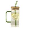 Square Glass Tumbler with Handle And Lid 380ml Transparent Coffee Cup Portable Tea Milk Jar for Hot Cold Drinks