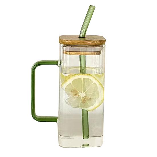 Square Glass Tumbler with Handle And Lid 380ml Transparent Coffee Cup Portable Tea Milk Jar for Hot Cold Drinks