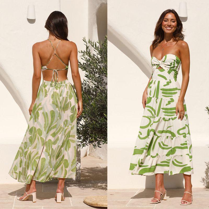 

Europe and America Cross Border 2024 Summer Women s Clothing V Neck Backless Lace up Swing Long Print Sling Tube Top Sexy Jumpsuit Light green S