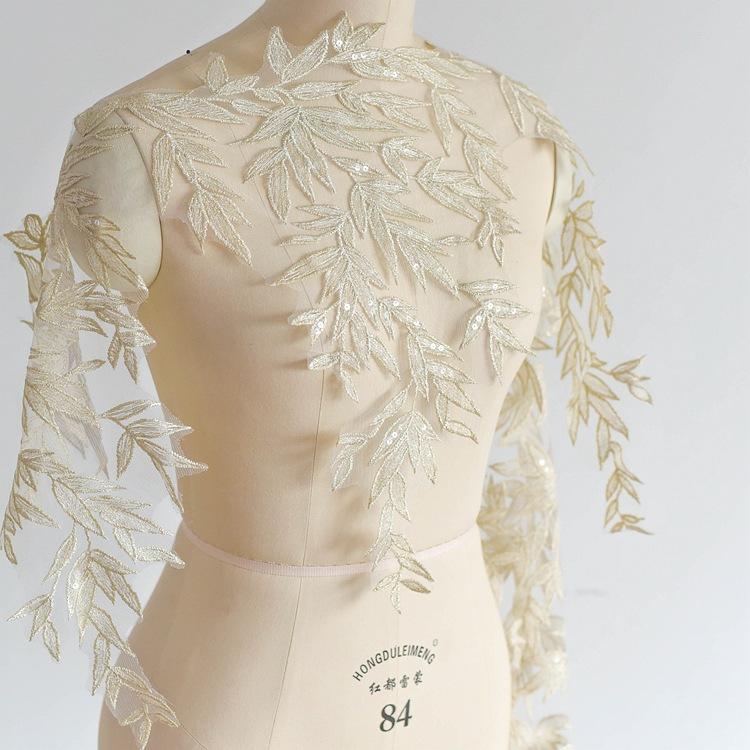 Xianxian Bamboo Leaf Sub-Gold Sequin Embroidered Lace, High-End Wedding Dress Handmade Diy Hanfu Decorative Accessories