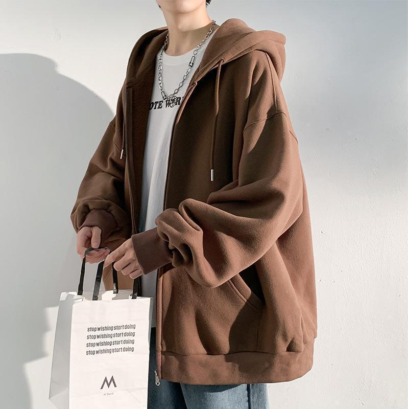 Men's Hong Kong Fashion Zip-Up Cardigan: Loose Hooded Jacket, Trendy Autumn Solid Color Top