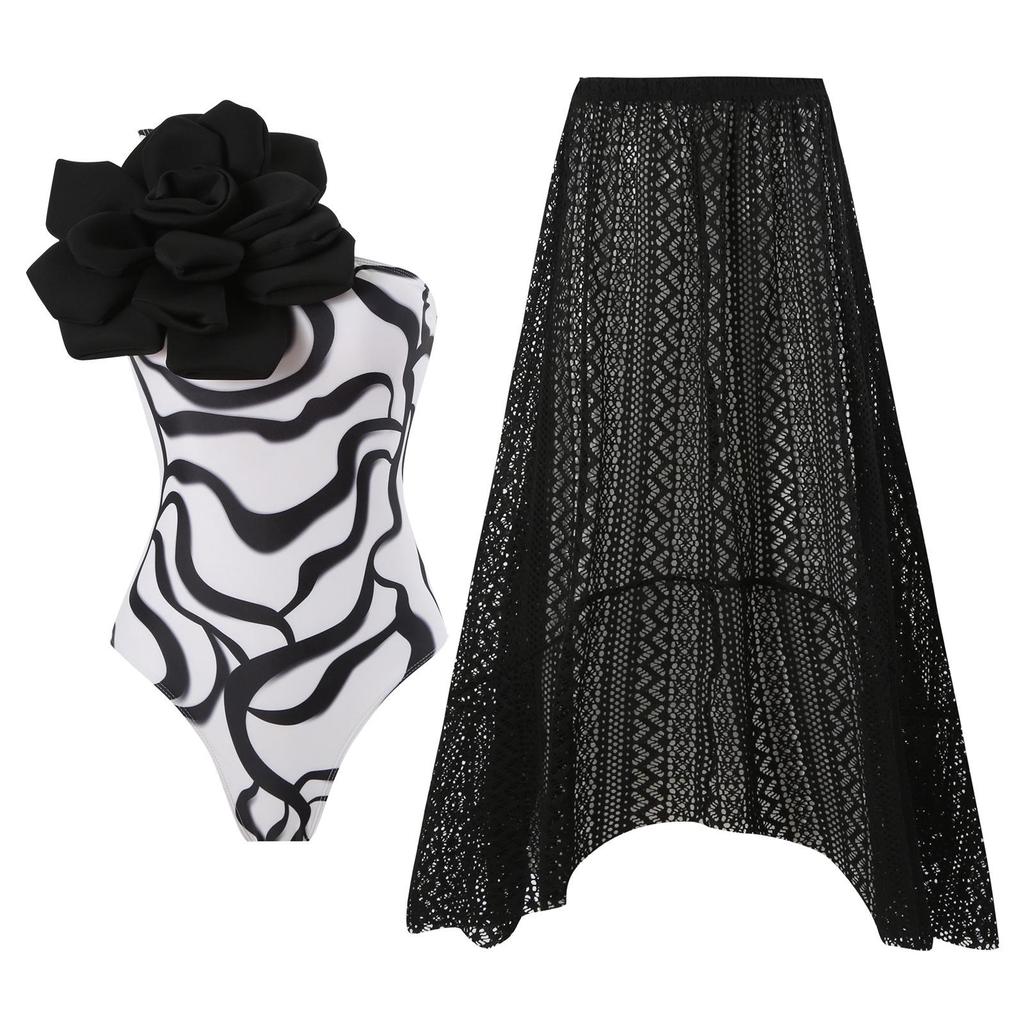 Europejski i Amerykański Damski Strój Kąpielowy Jednoczęściowy Wyszczuplający ze Spódniczką Szyfonową w Kwiaty