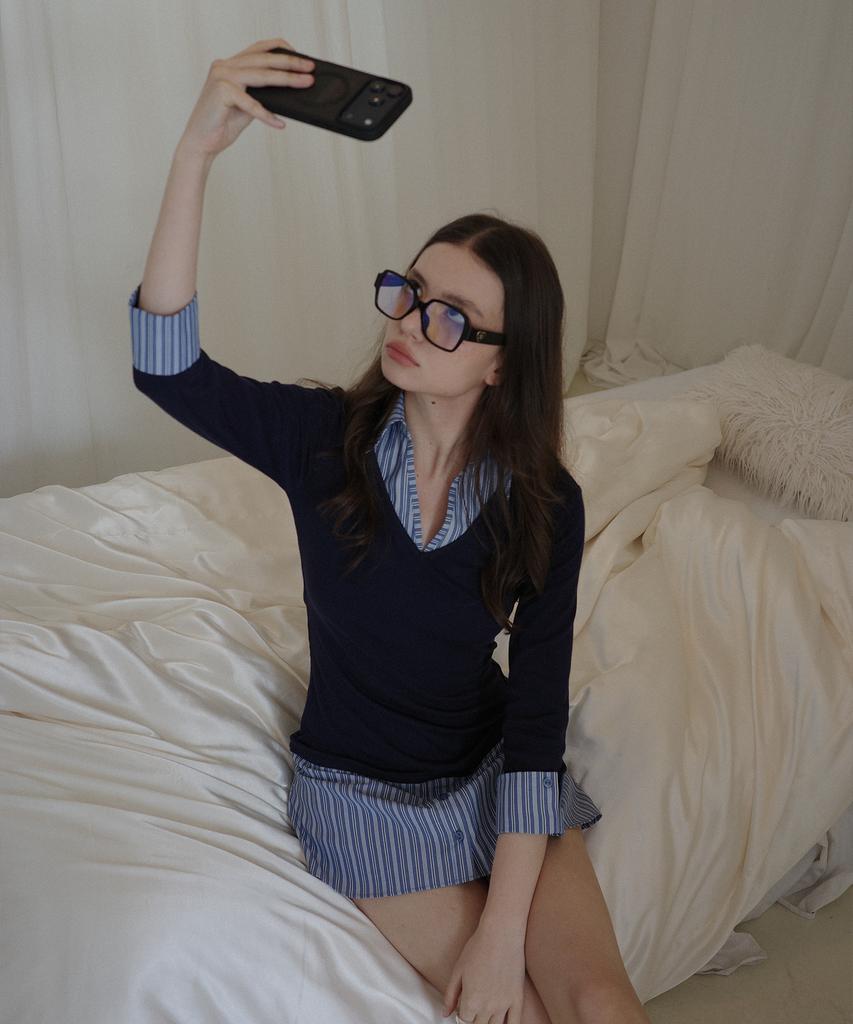 Salon De Yon Striped Shirt Detail Jersey Dress_ Navy