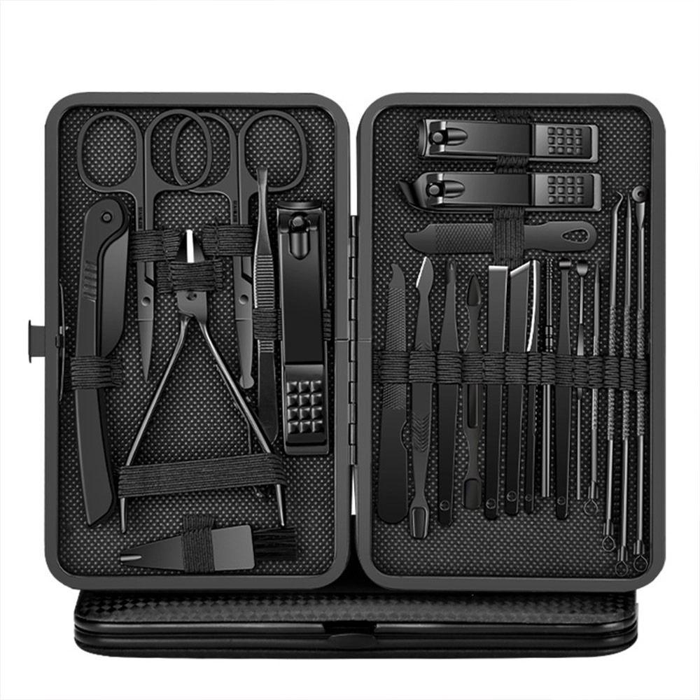 Black Nail Clipper Set Portable With Travel Box Pedicure Manicure Kit Stainless Steel Nail Care Grooming Trimmer Set