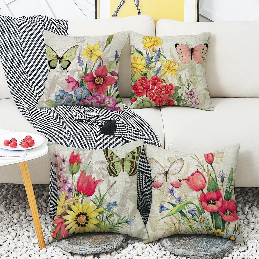 Spring and Summer Flowers and Butterflies Country Print Car Cushion Bedside Cushion Linen Pillow Case
