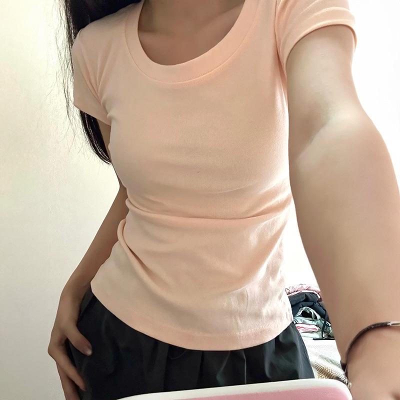 Women's Summer U-Neck Slim Fit Milk Yellow T-Shirt