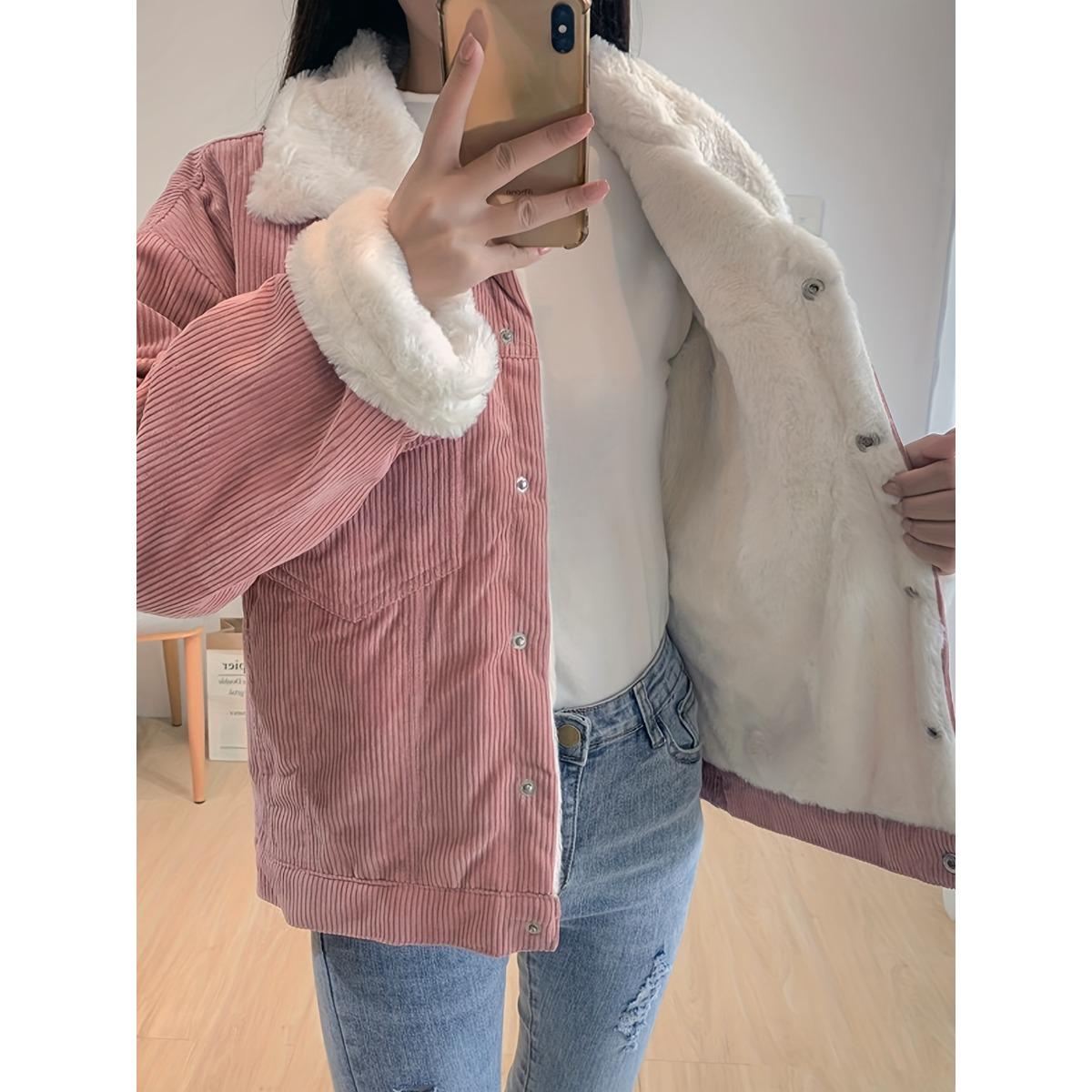 

Куртка однотонная с меховой отделкой, повседневная, на пуговицах, с длинными рукавами, зимняя теплая куртка, женская одежда XXL розовый