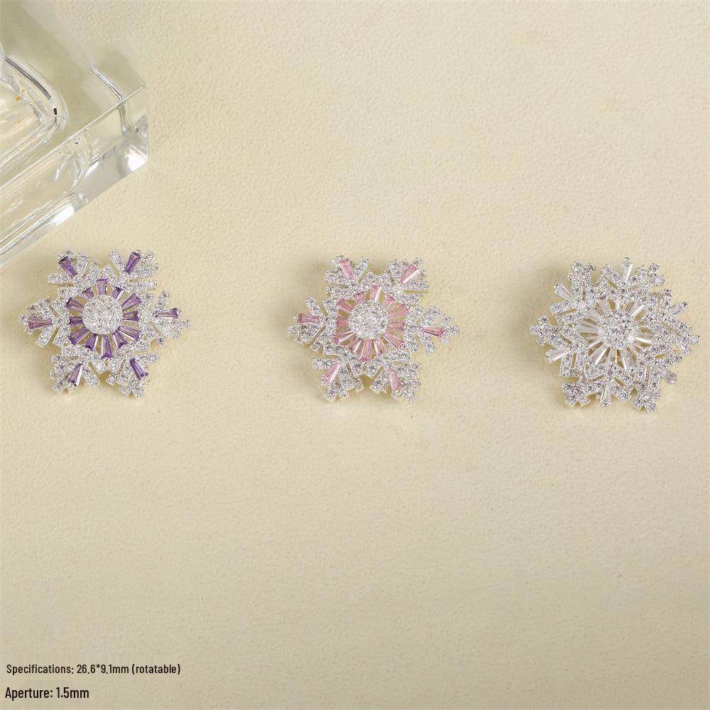 Copper-Plated Silver Rotating Snowflake Zircon Bead Brooch for DIY Necklace Accessories