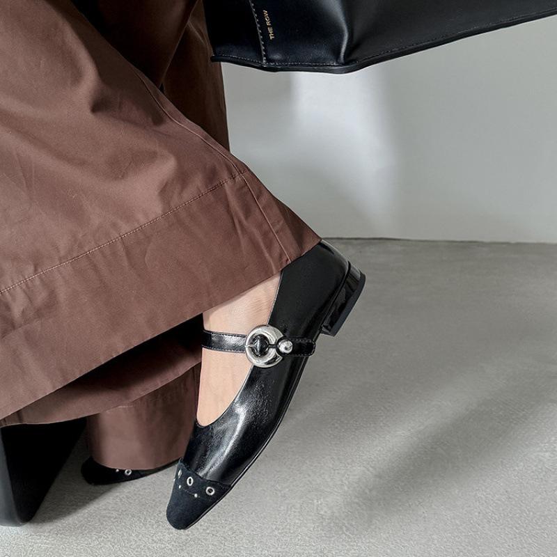 Round head leather single shoes four seasons single shoes new beef tendon sole fashion single shoes women's buckle non-slip soft-soled sheepskin