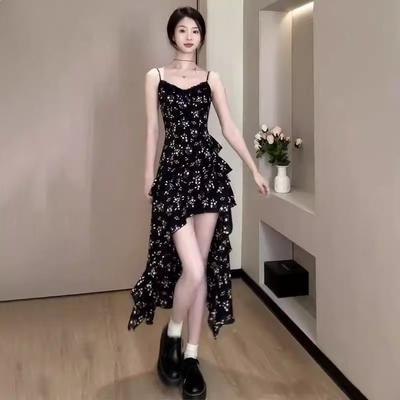 Pure Desire French Temperament Floral High Sense Suspender Dress Women's Clothing Spice Girl Irregular Ruffle Edge Fashion Long Dress