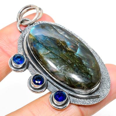 Labradorite, Blue Topaz 925 Sterling Silver Jewelry Pendant 2.40" D2r92