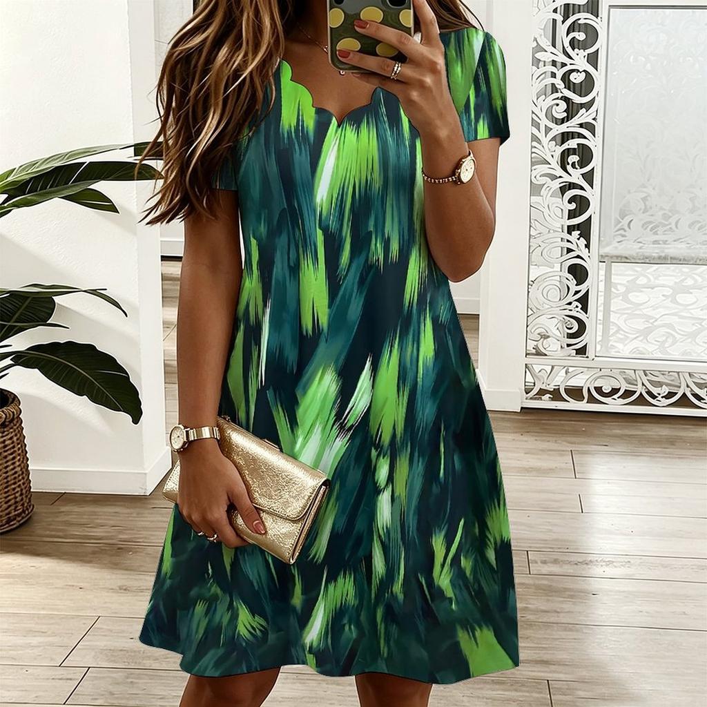 Oversized Women V Neck Short Sleeve Dress Abstract Geometric Printed Loose Dress For Summer Street Outfits