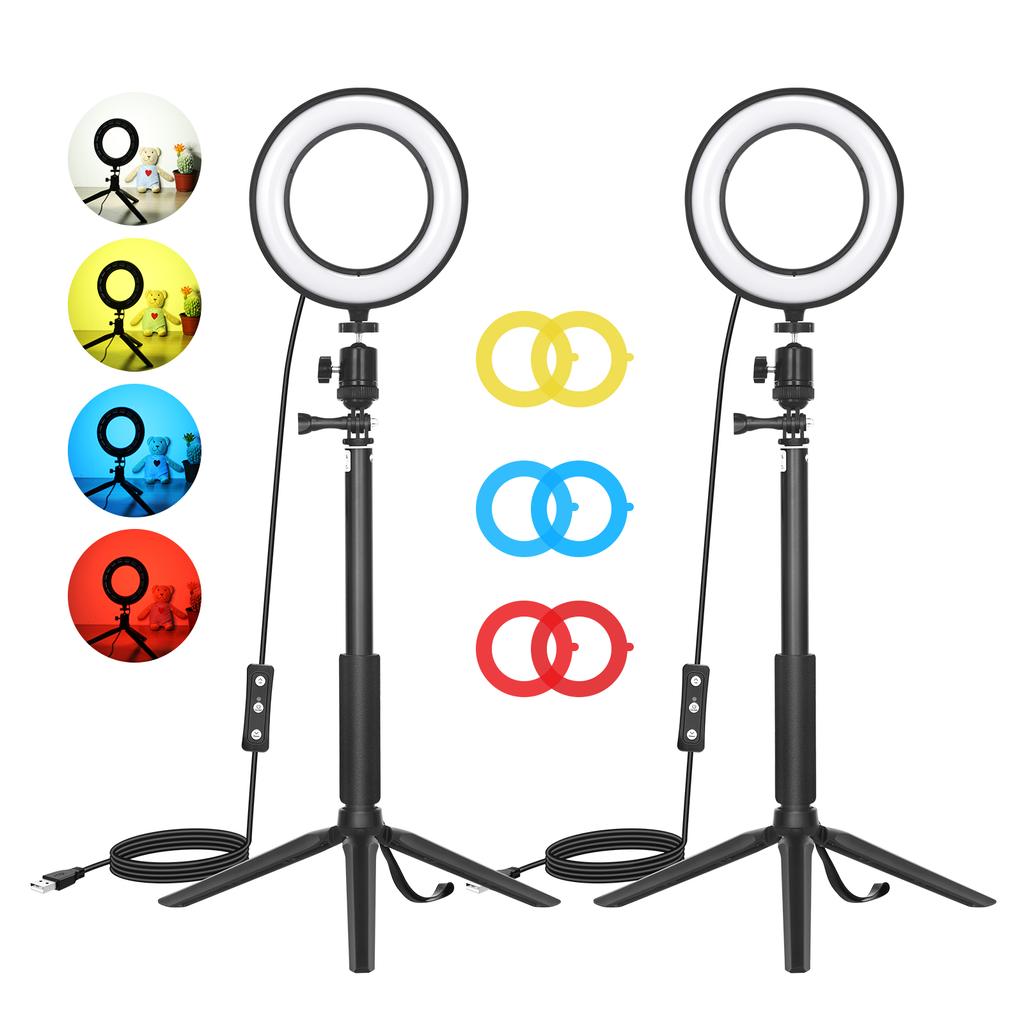 2Pack Desktop USB LED Video Lights Kit med 2 * Dimbar 6 Tommers LED Ring Light 5600K + 2 *