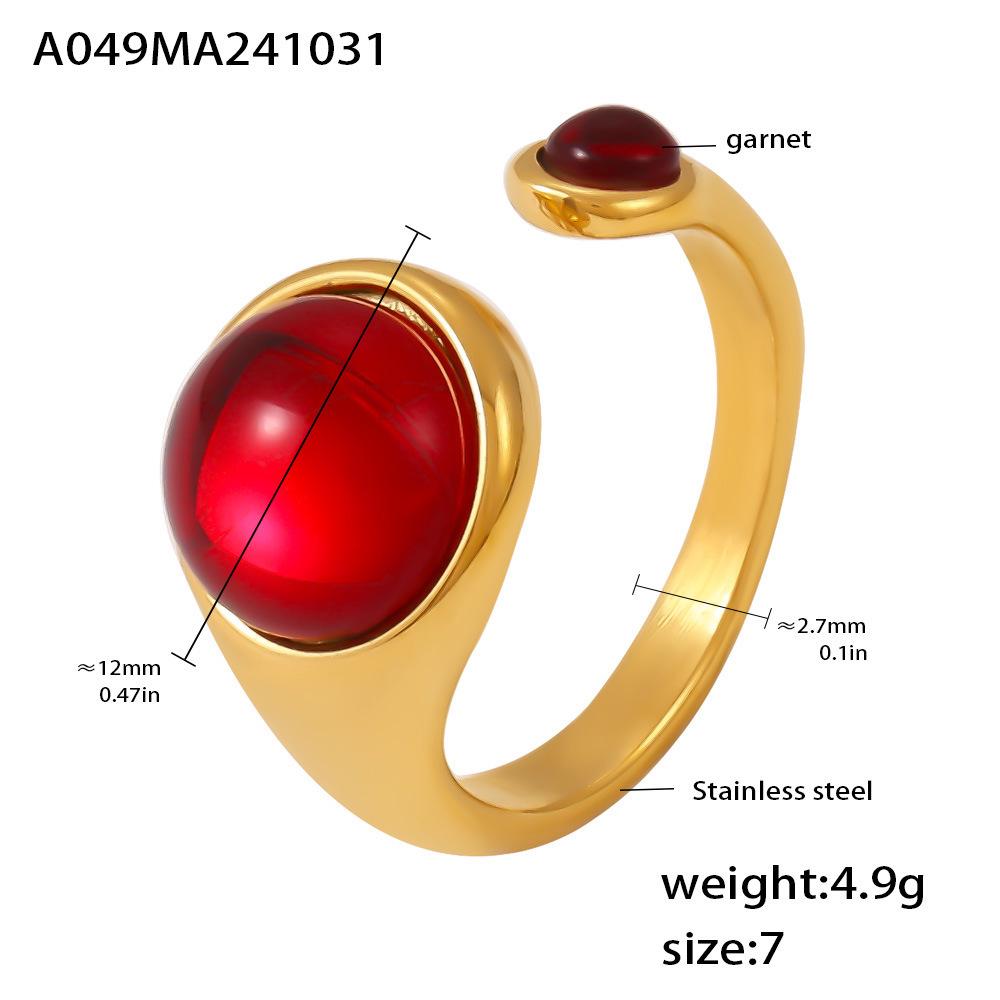 Qiong Yao Elegant Stainless Steel Open Ring in Gold-Plated Garnet Design Size 7