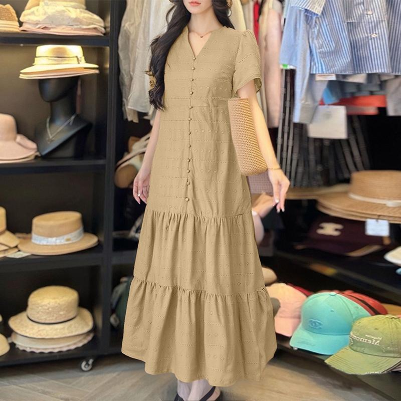 

ZANZEA Женское элегантное повседневное платье с V-образным вырезом, вышивкой, крючком, пэчворком и короткими рукавами 5XL хаки