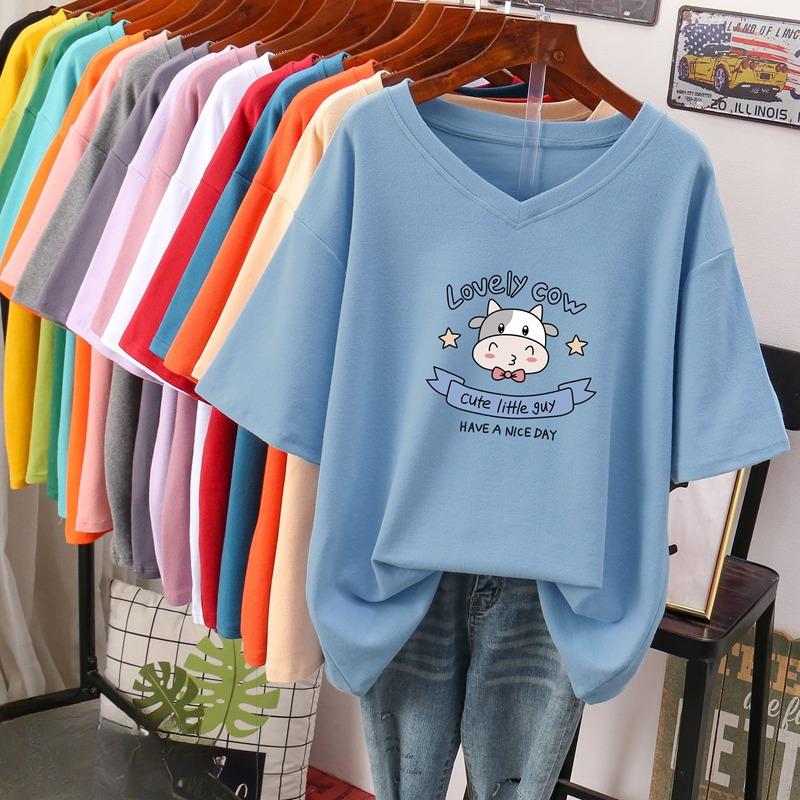 Short-sleeved T-shirt, Loose-fitting, Slimming Printed V-neck Top for Women