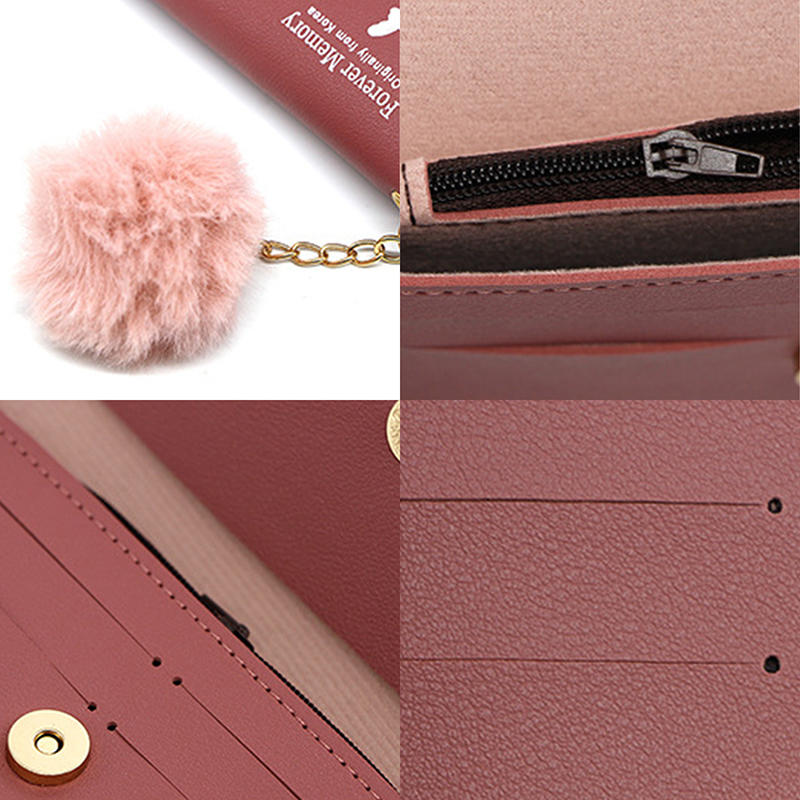 Womens Wallet Cute Elegant Long Slim Card Holder Case Minimalist Coin Purse Zipper Wallet With Fur Ball Bow Decor