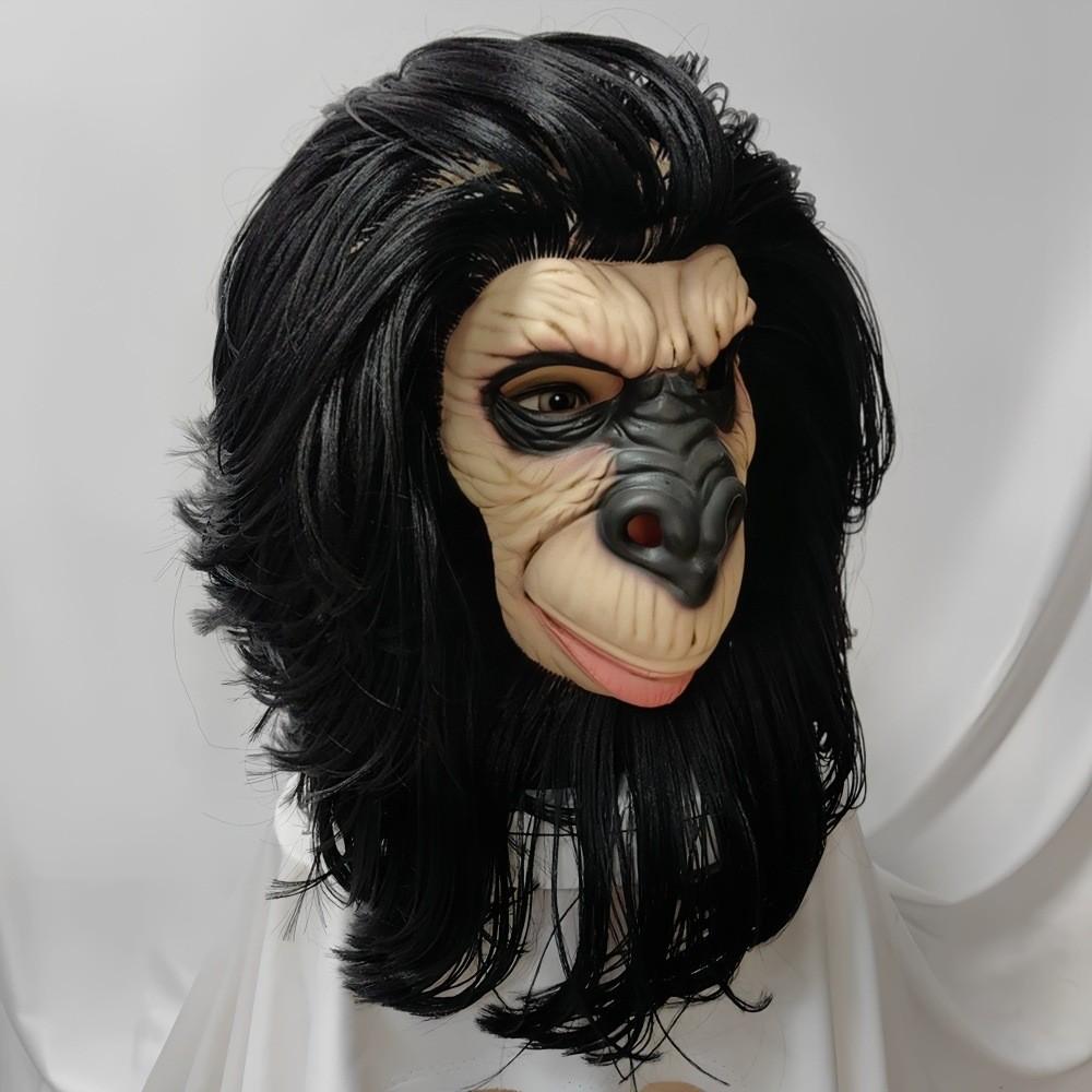 Latex Schwarzes Langes Haar Affenkopfmaske Für Halloween-Kostüme Und Party-Rollenspiel