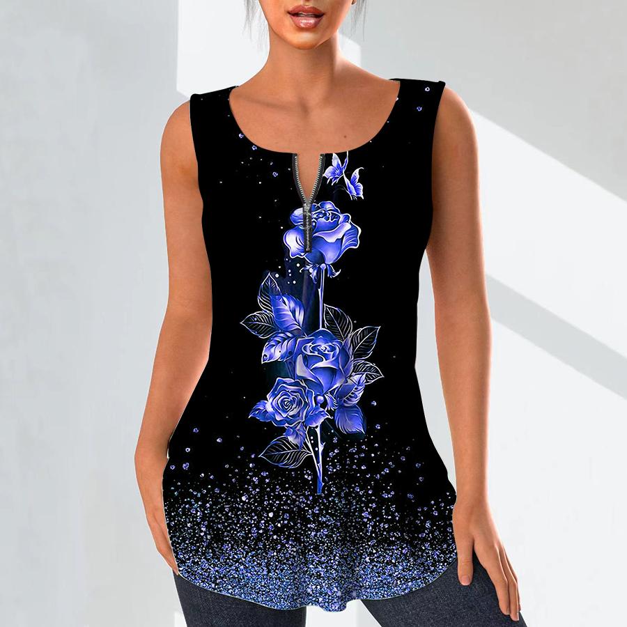 Modne damskie koszule z dekoltem w kształcie litery V Casual topy T-shirt damskie 3D kwiaty w rozkwicie kamizelka z nadrukiem Plus rozmiar bluzka bez rękawów podkoszulki