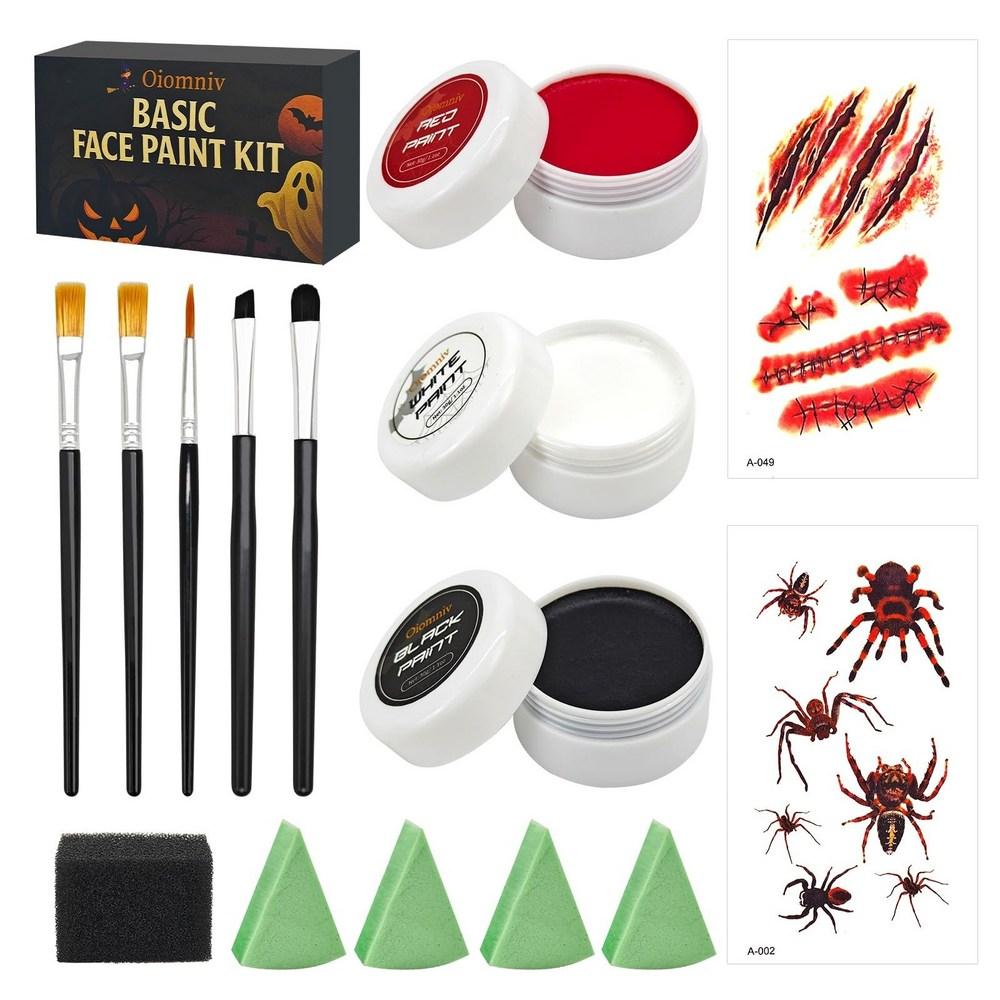 Adult Water-based Face Kit Black White Red Body Paint Brush Sponge Sticker Halloween Pre