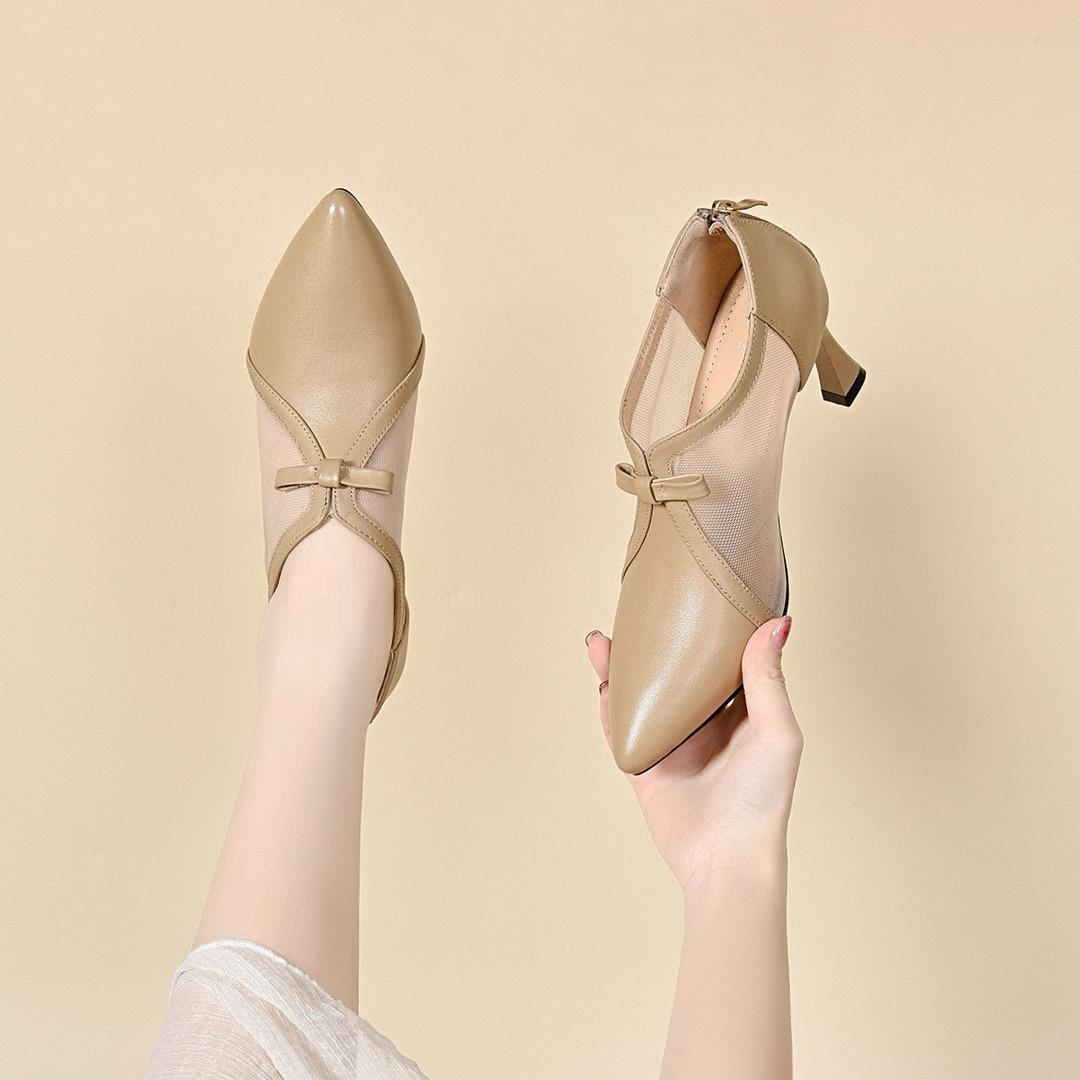 

Остроносые сетчатые туфли на высоком каблуке женские весенне-летние простые темпераментные туфли-лодочки на тонком каблуке с глубоким вырезом и бантом 40 абрикосовый