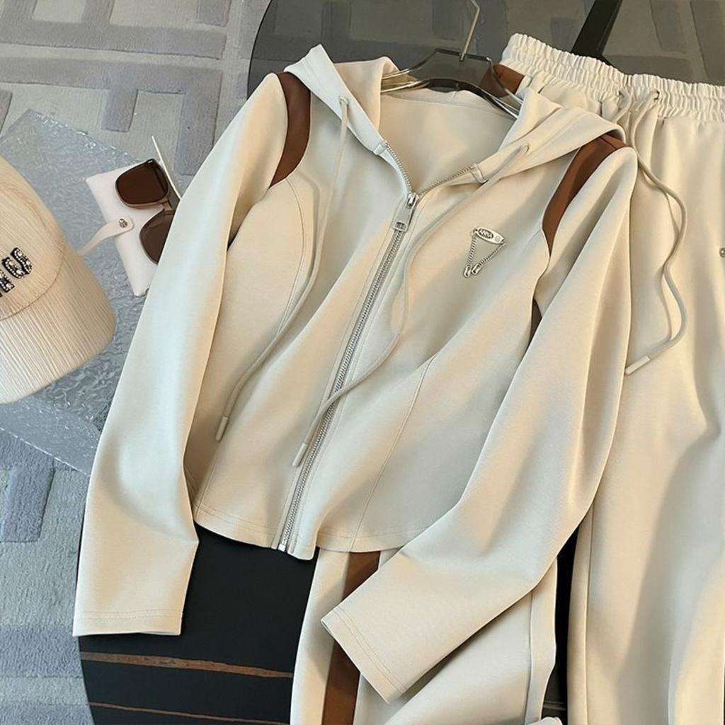 Neformální, Sportovní souprava, Dámská, Kontrastní barvy, Mikina s kapucí, Kalhoty se širokými nohavicemi, Dvoudílná sada