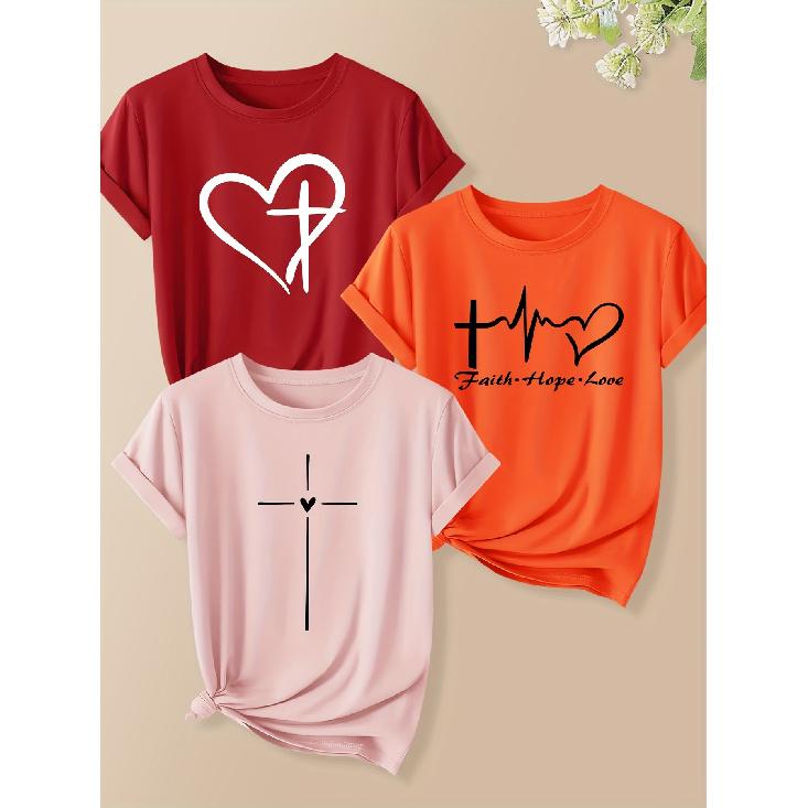 Three-piece set of women's Christian cross and heart letter print short-sleeved shirts 2025Autumn fashion trend: retro round neck, cute style T shirt