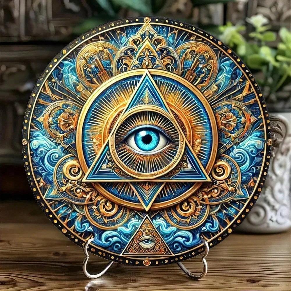 Mystic Eye of Providence Metal Tin Sign 8x8 Inch Vintage Round Wall Art BOHO Rustic Home Decor Hanging