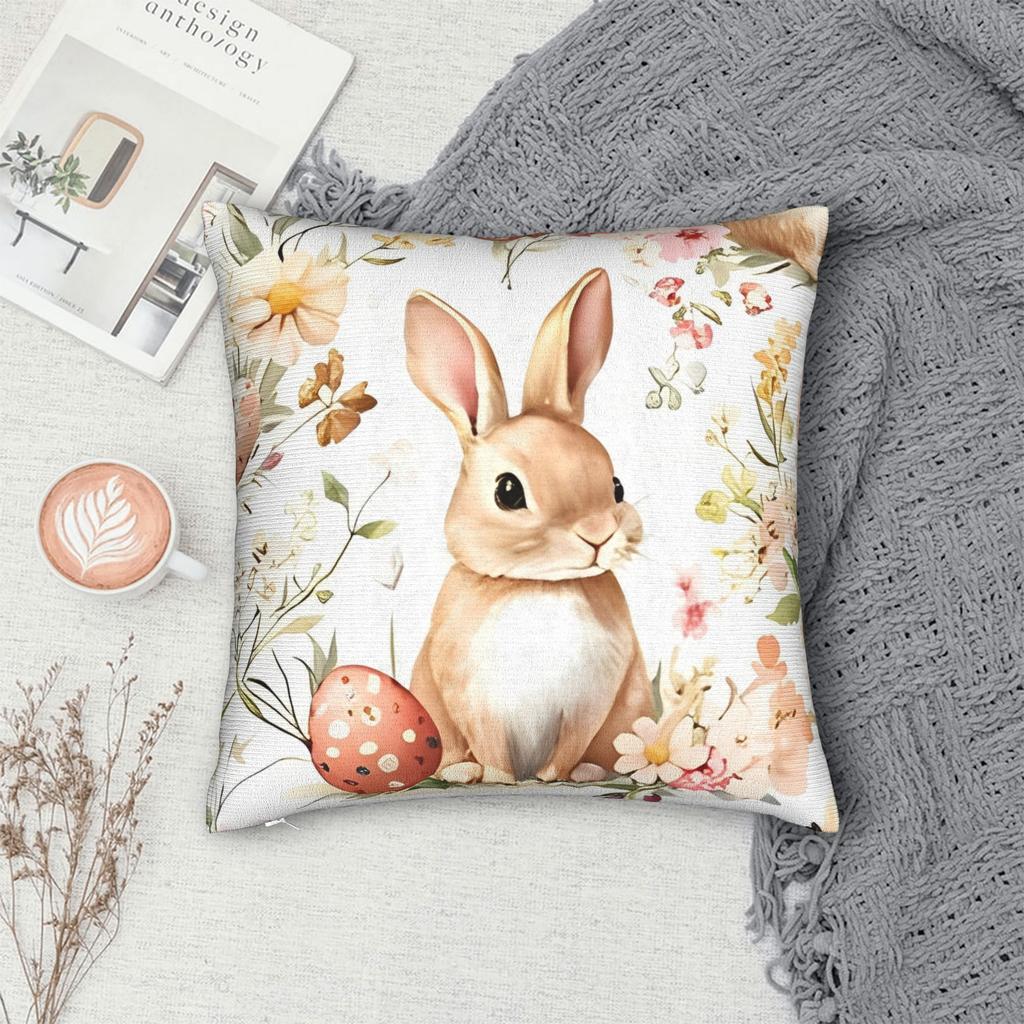 Easter Spring Flower Square Pillow Case Polyester Throw Pillow Eggs Bunny , Pillowcase