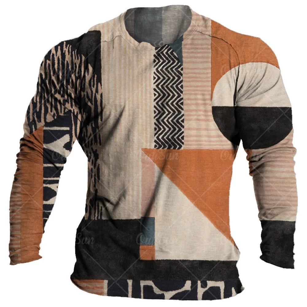 Vintage Multi color Plaid splicing 3D Print Men's T-shirts Autumn New Long Sleeve Tops Daily T Shirt For Man Patchwor Clothing
