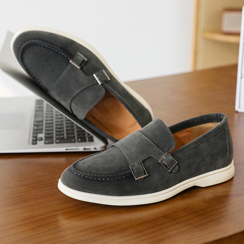 Fashion Casual Leather Men's Double Buckle Loafers Lightweight Breathable Shoes Mens Driving Soft Sole Slip-on Business Shoes Moccasins